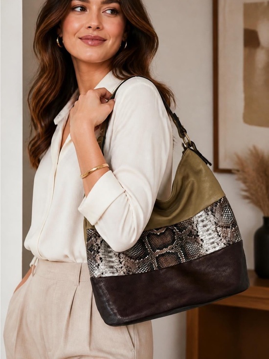 Peter Nygard Handbags - Peter Nygard Tri-Panel Hobo in Taupe, Snake Print & Dark Brown Shoulder Bag